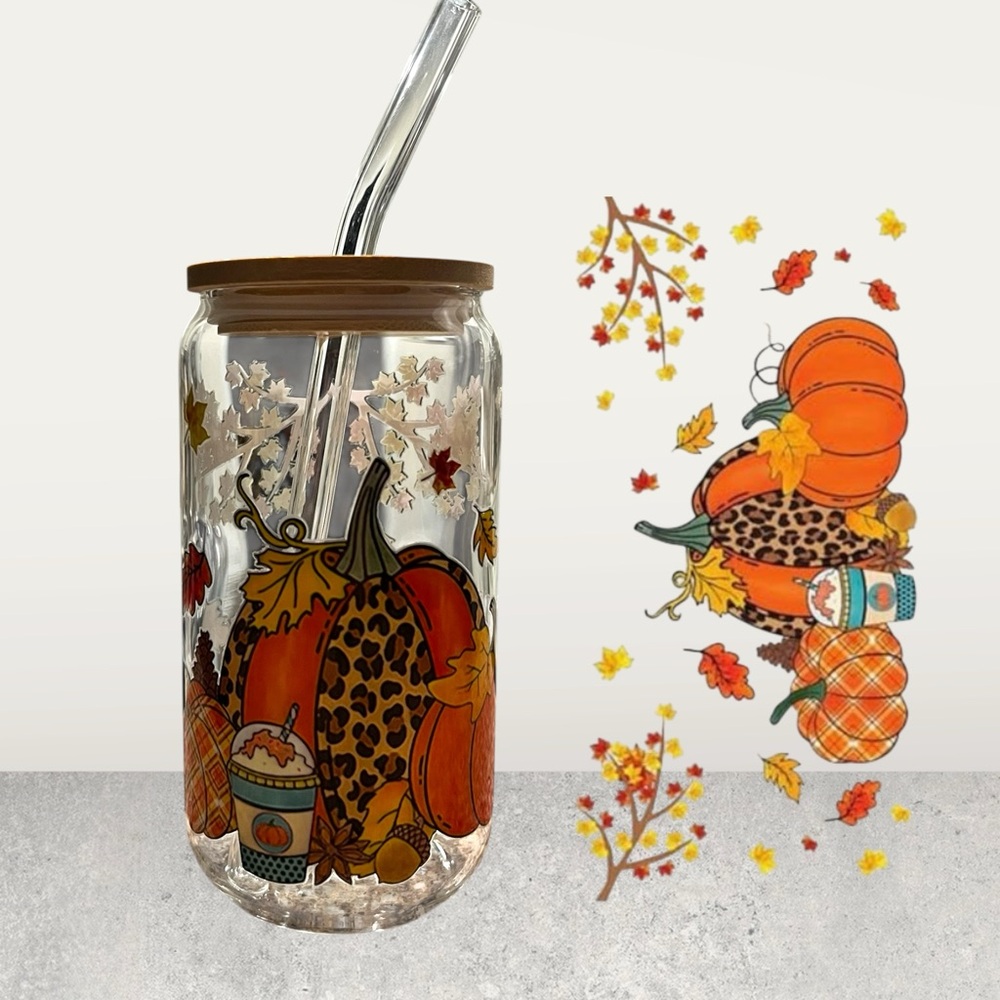 Pumpkin Patch Fall Glass Cup with Straw & Cleaner 🎃